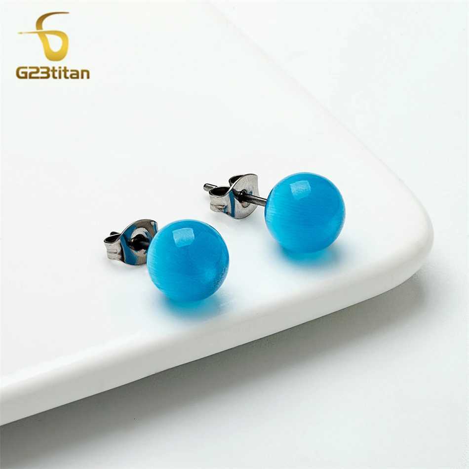 Blue Cat Eye Opal Stone Earrings For Women Lady Medical G23 Titanium Lobe Piercing Jewelry Round Ball Bead Ear Stud Girls Gift y250715