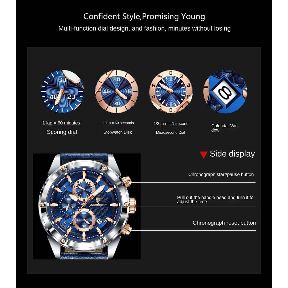 DHwatches Men's Multifunction Chronograph Watch - 50M Waterproof Leather Strap Quartz with Date & Tachymeter (Model 860)