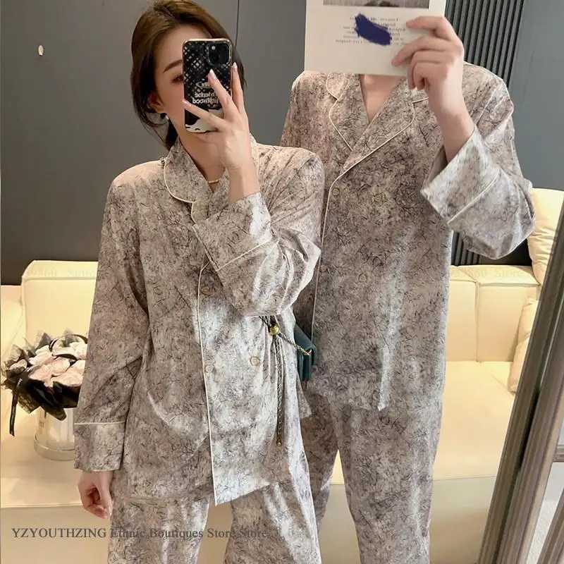 2PCS Mens Pajamas Set Nightwear Fashion Print Couple Sleepwear Trouser Suits Loungewear Loose Ice Silk Satin Homewear Pajamas W250717