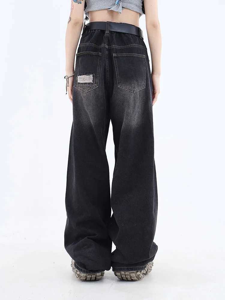 Womens Gothic Black Jeans High Waist Vintage Korean Fashion Y2k Streetwear Ripped Pants Harajuku Casual Wide Leg Denim Trousers R250716