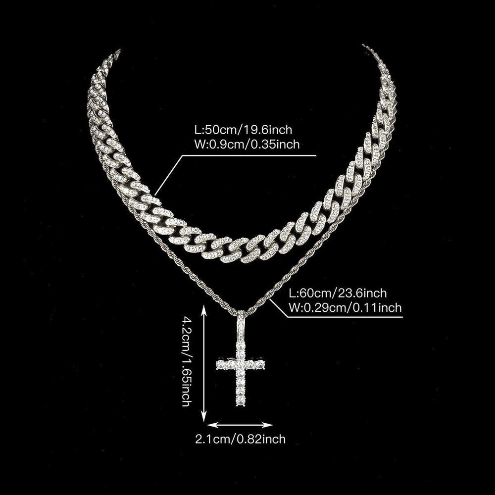 Full Dia Cross Pendant Fashion Creative Hip Hop Trend Alloy Cuban Chain Trendy Necklace Layering Set
