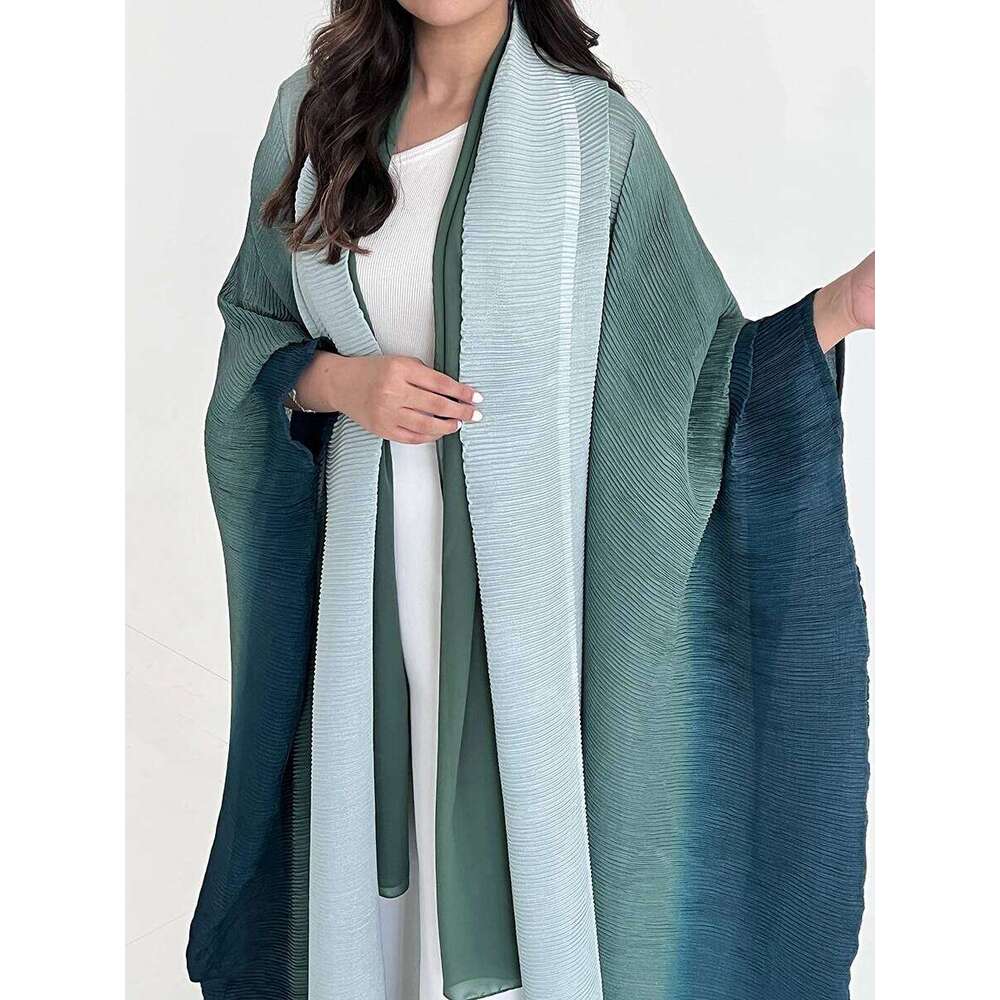 Miyake Pleated Gradient Bat Windbreak Coats Women Dubai Designer Fashion Turndown Collar Loose Long Cardigan Jacket With Belt