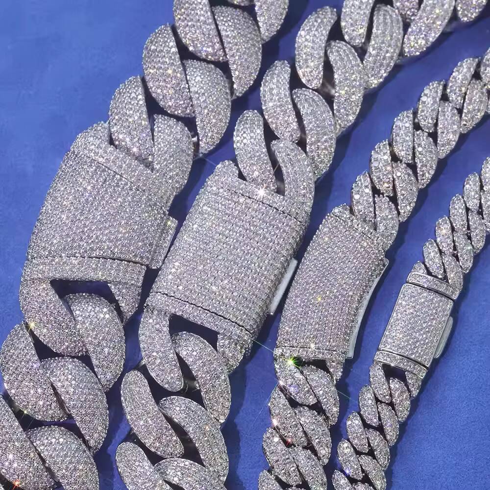 Customizable 20mm Big Chain Necklace 8Rows 925 Sliver White Gold Plated VVS Moissanite Miami Cuban Link Hip-hop Style