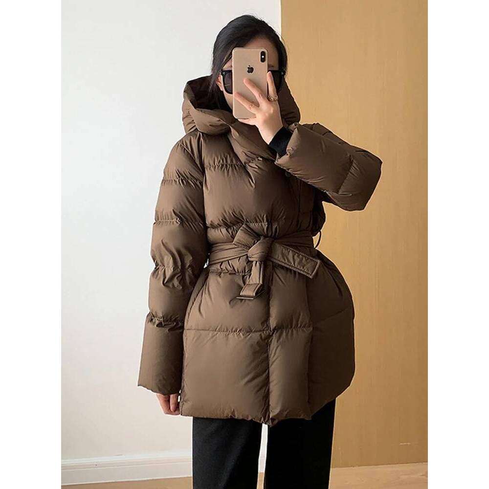 2025 Winter Women's Down Jackets Ultra Light Warm Cusual Coat Female Puffer Jacket With Belt Plus Size Hooded Short Parka MDNG