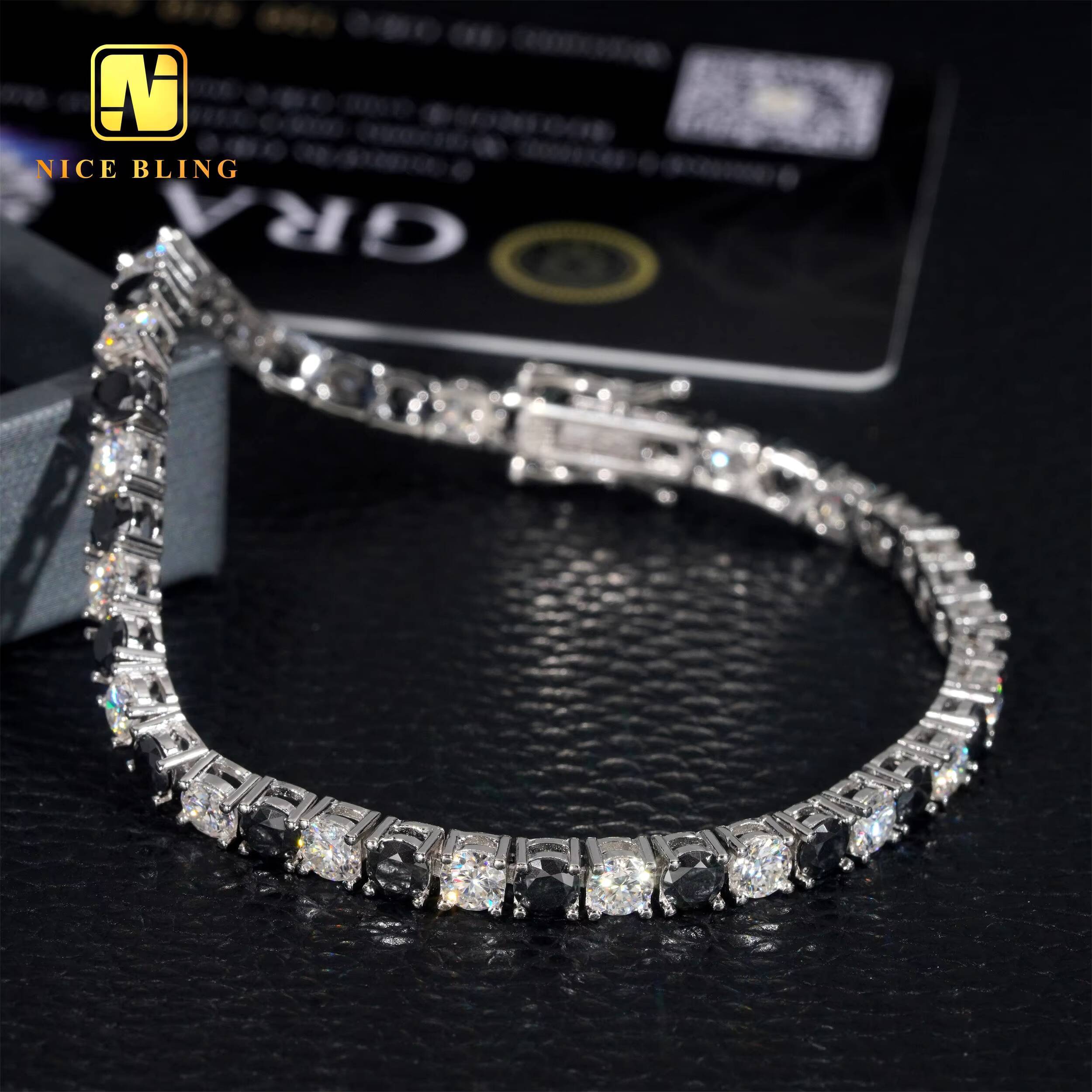 Hip Hop Rappers 4MM Moissanite Tennis Chains 4mm Black and White Lab Diamond Tennis Necklace Bracelets for Men Women