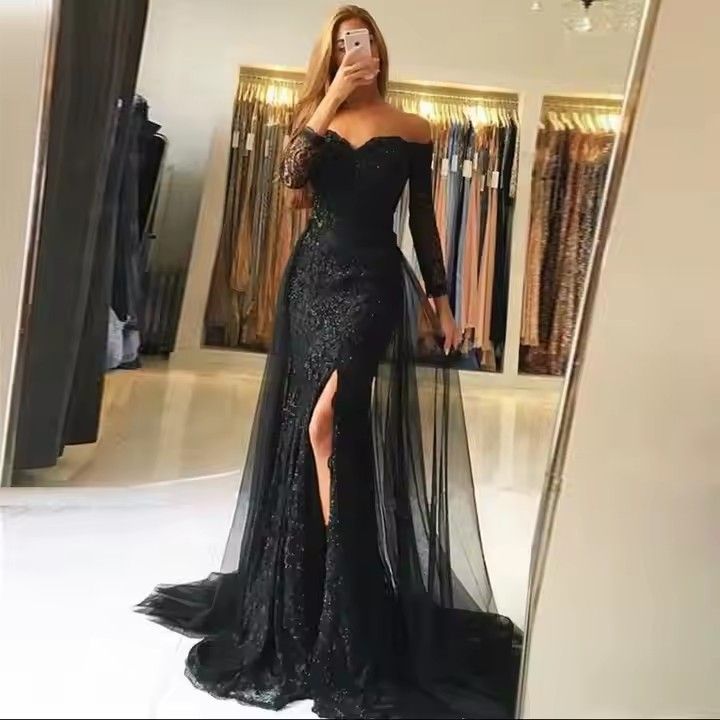 Princess Black Long Prom Dresses Puffy Skirt Arabic Beading Women Sexy Formal Evening Pageant Gowns Dress Robe De Soiree Plus Size Customized