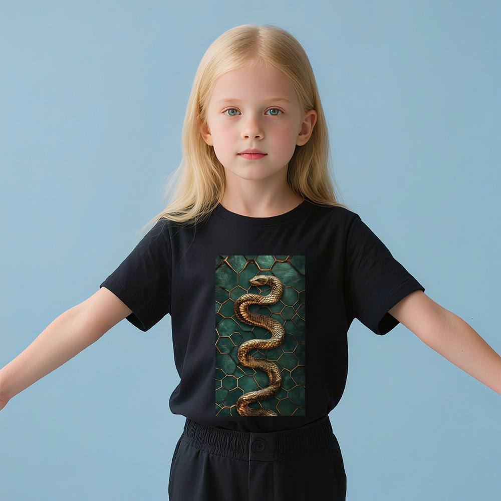 ddmywed Boy and girl Children's T-shirt T-shirt with an image of snake on a green background