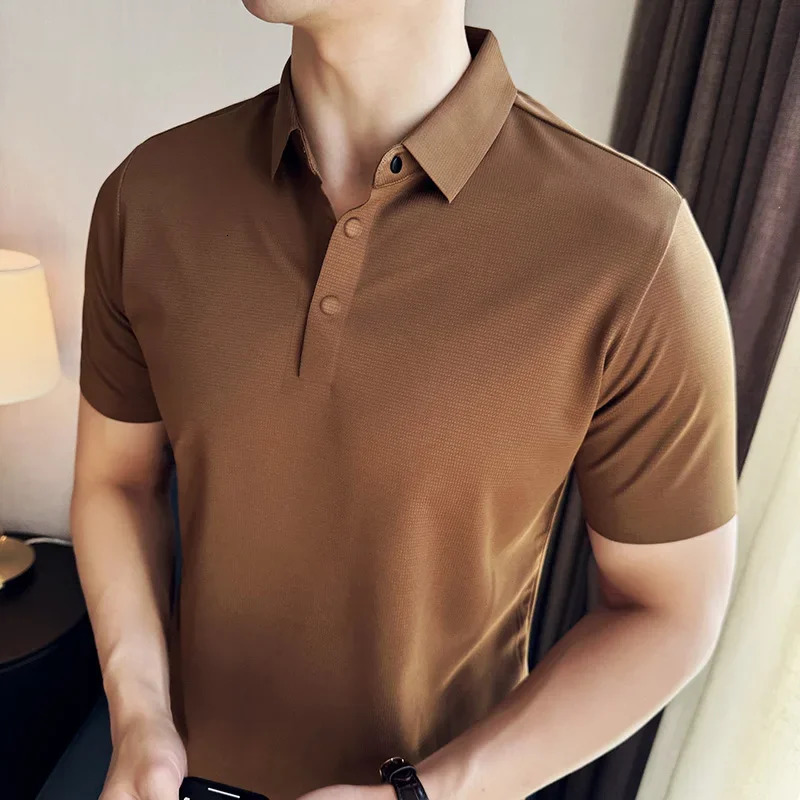 Men Polo Shirt 2025 Summer Ice Silk Light Thin Traceless Solid Casual Elastic Slim Fit Short Sleeved T-shirt Men Clothing 250715