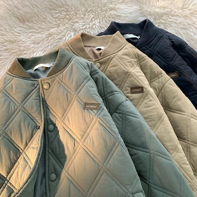 Winter Mens Jacket Stand Collar Thicken Button Windproof Baseball Jackets Casual Solid Warm Couples High Street Padded Clothes 250716