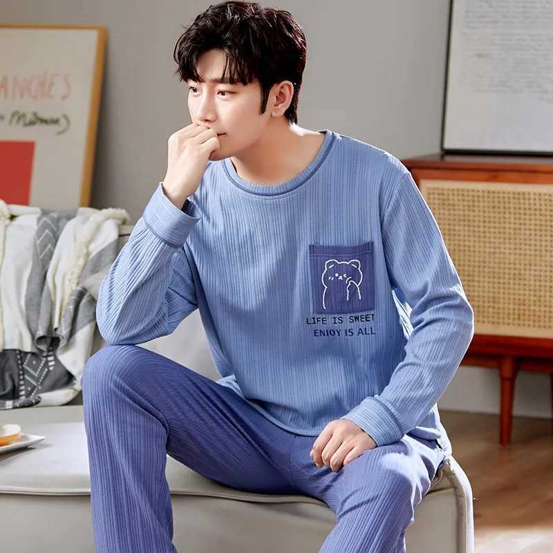 00% Cotton Men Pajamas Set Long Sleeve Pants Pajamas for Women Homewear Pure Cotton Loungewear Nightie Sleepwear Men Pajamas W250717