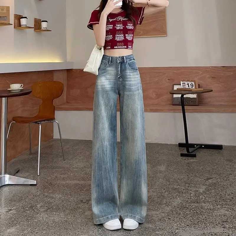 Womens Jeans Wide Leg Straight High Waist Shot Female Cowboy Pants Blue Shiny on Sale Top Selling Teenagers Unique Trousers R250716