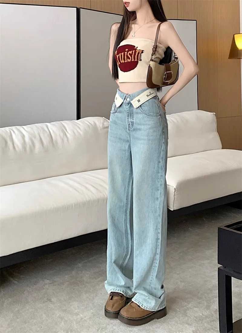 Retro Flip The Edge Waist Letter Wide-leg Jeans. Four Seasons New Fashion Loose Straight-leg Casual Floor-length Jeans for Women R250716