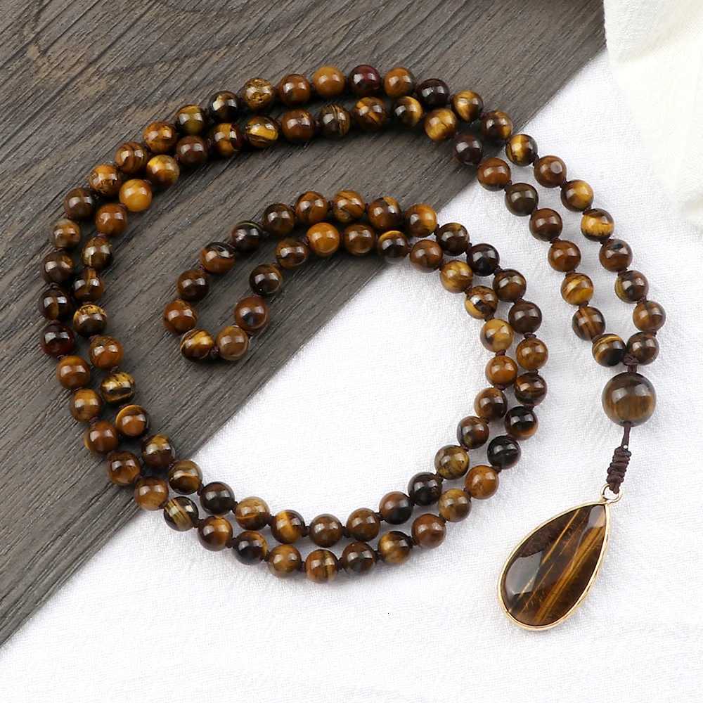 Vintage Design Tiger Eye Stone Necklace Handmade Knotted 6mm 108 Mala Beads Necklaces Drop Pendant Women Men Yoga Jewelry Gifts XJ250717