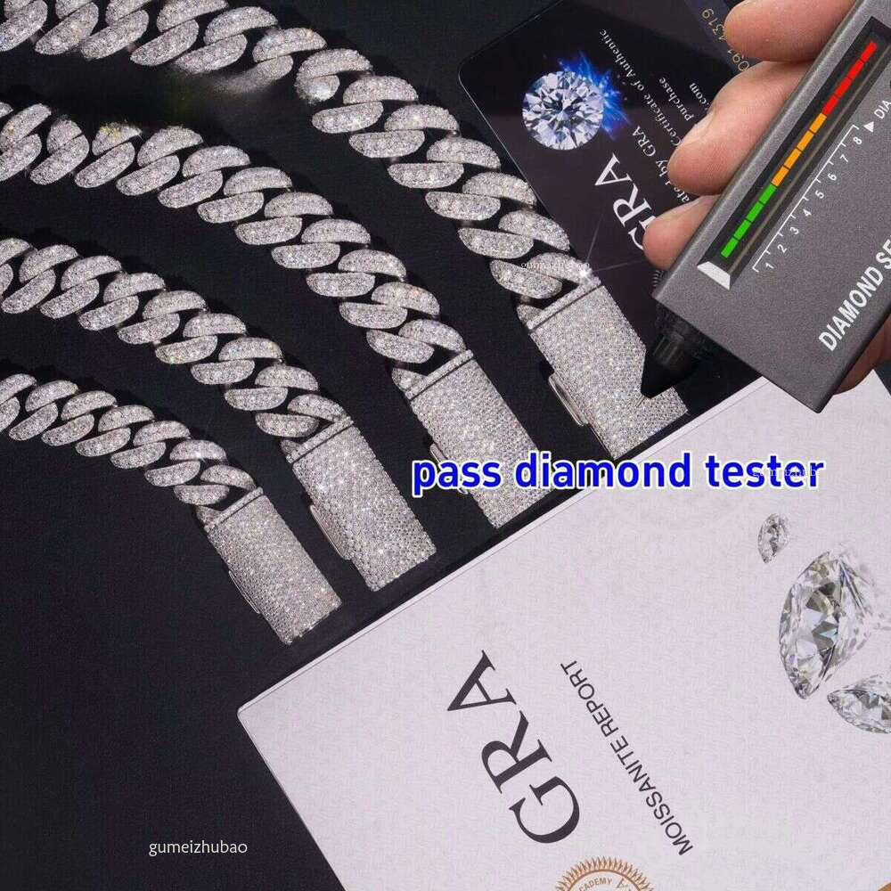 Through Tester Hip Hop Necklace 13mm 15mm 16mm 18mm Three Row Sier VVS Silicon Stone Cuban ChainDesigner necklace