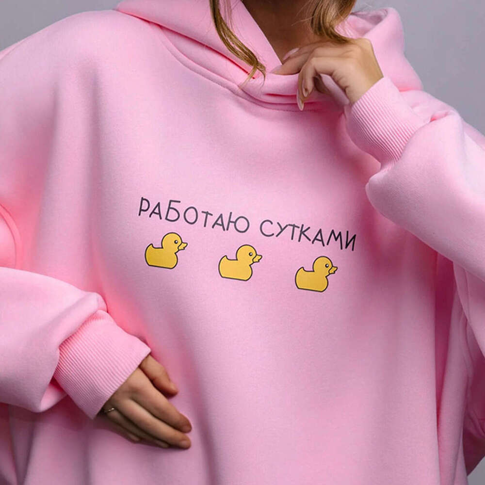 Mid-Length Hooded Sweatshirt Autumn Winter Women Three Ducks Print Loose Casual Hoodie B5
