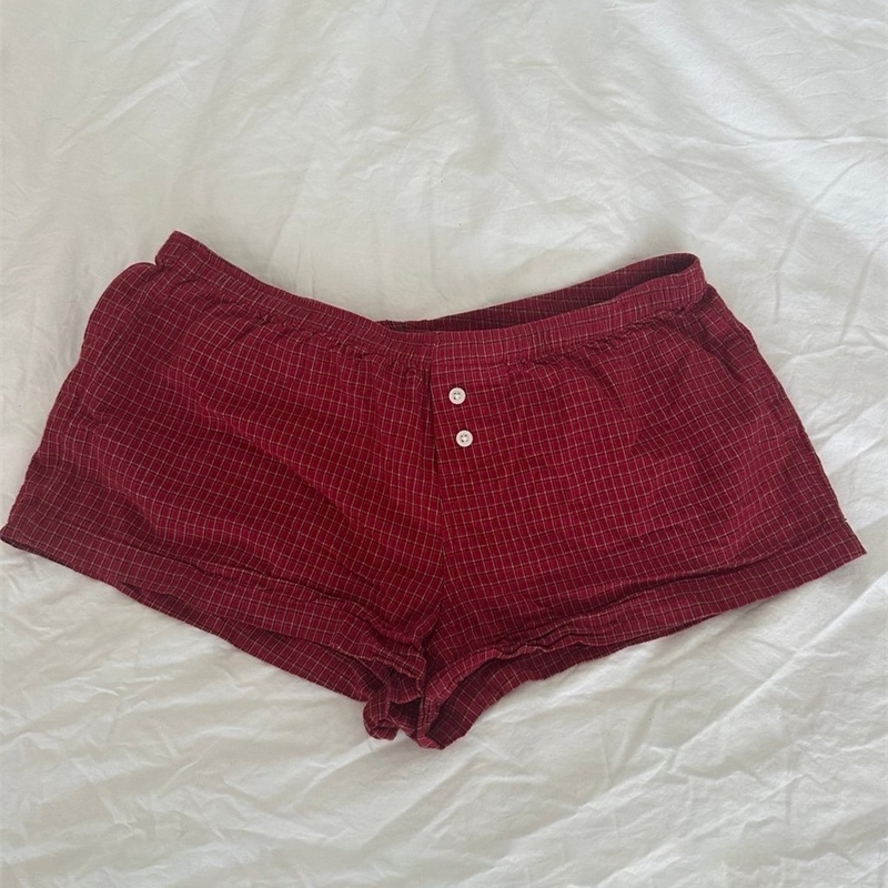 Red Plaid TShirt Shorts Set Women Summer Laceup Puff Sleeve BlouseButtons Elastic Waist Short Pants Cotton Sweet 2 Piece Sets y250707