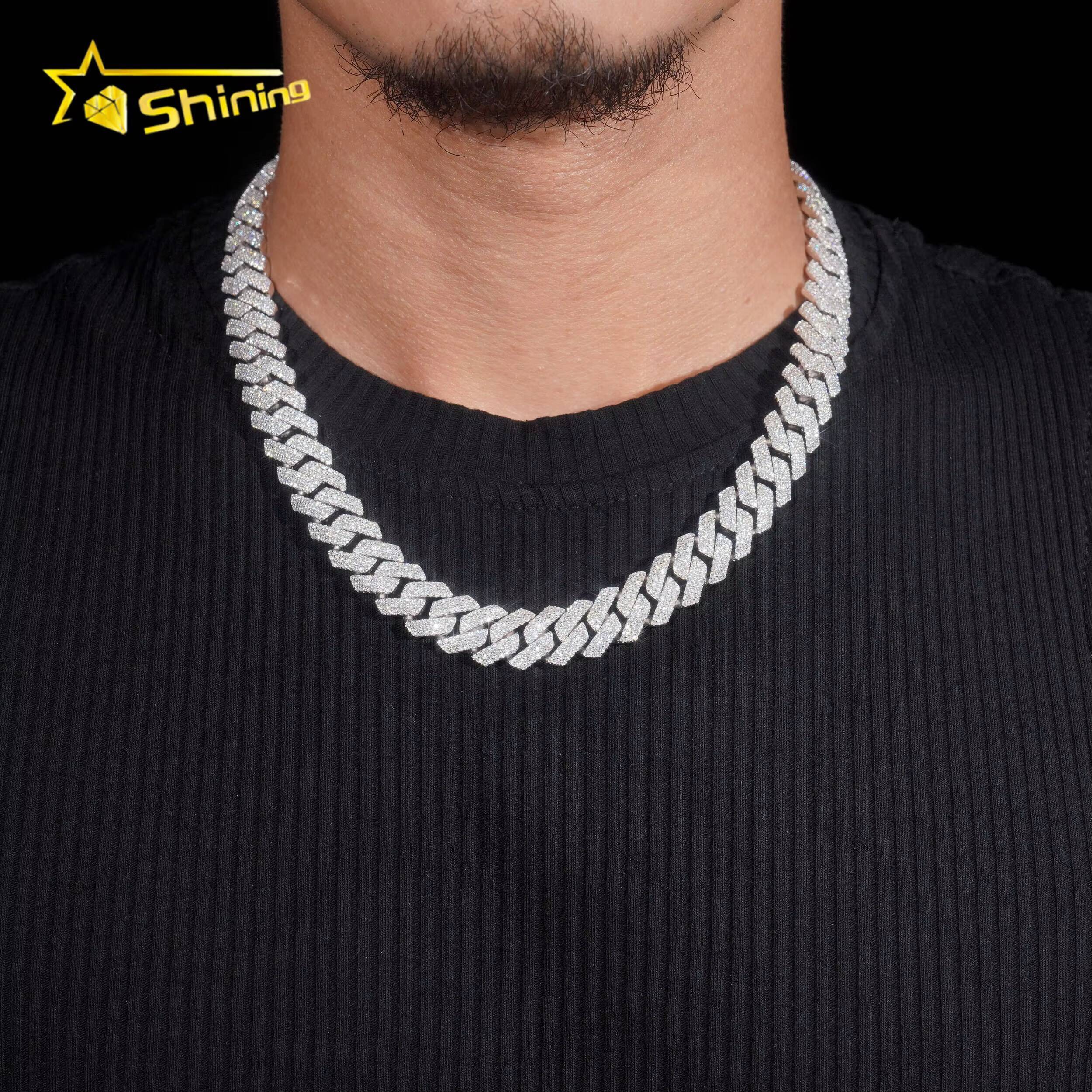 Hot Sale Hip Jewelry GRA Certificate 14mm Three Row 925 Silver Moissanite Iced Out Cuban Link Chain