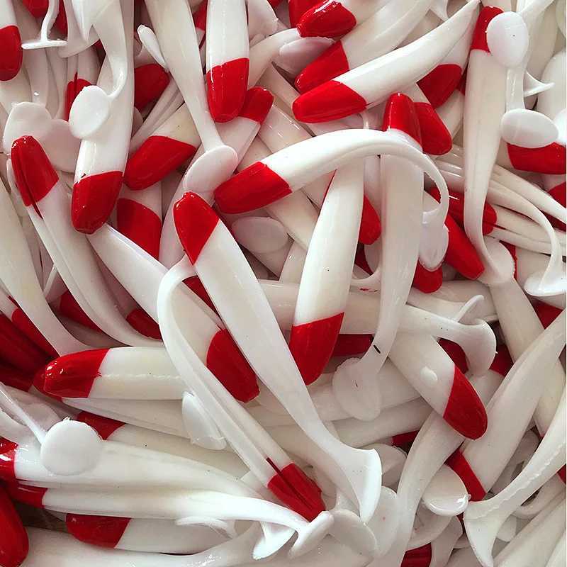 10/20/50pcs Red White Body Bait 5.5/7/9/12cm T Tail Worm Soft Bait Bionic Flying Fishing Lure Artificial Silicone WobbLErs Z250717