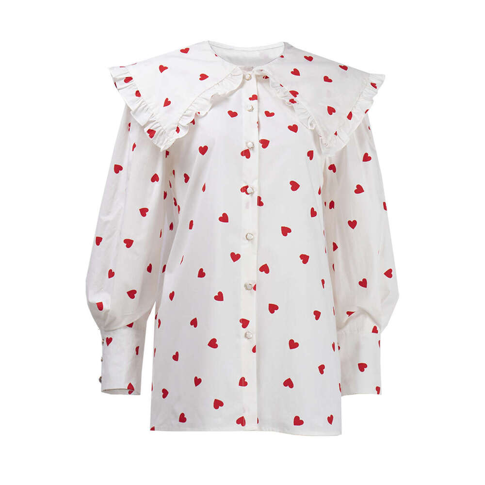 Summer New Red Heart Print Doll Collar Lantern Sleeve Shirt B5
