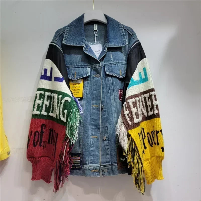 Alphabet badge denim coat knitted spliced sleeves sweater fringed jeans jacket street wear wool sweater 250717