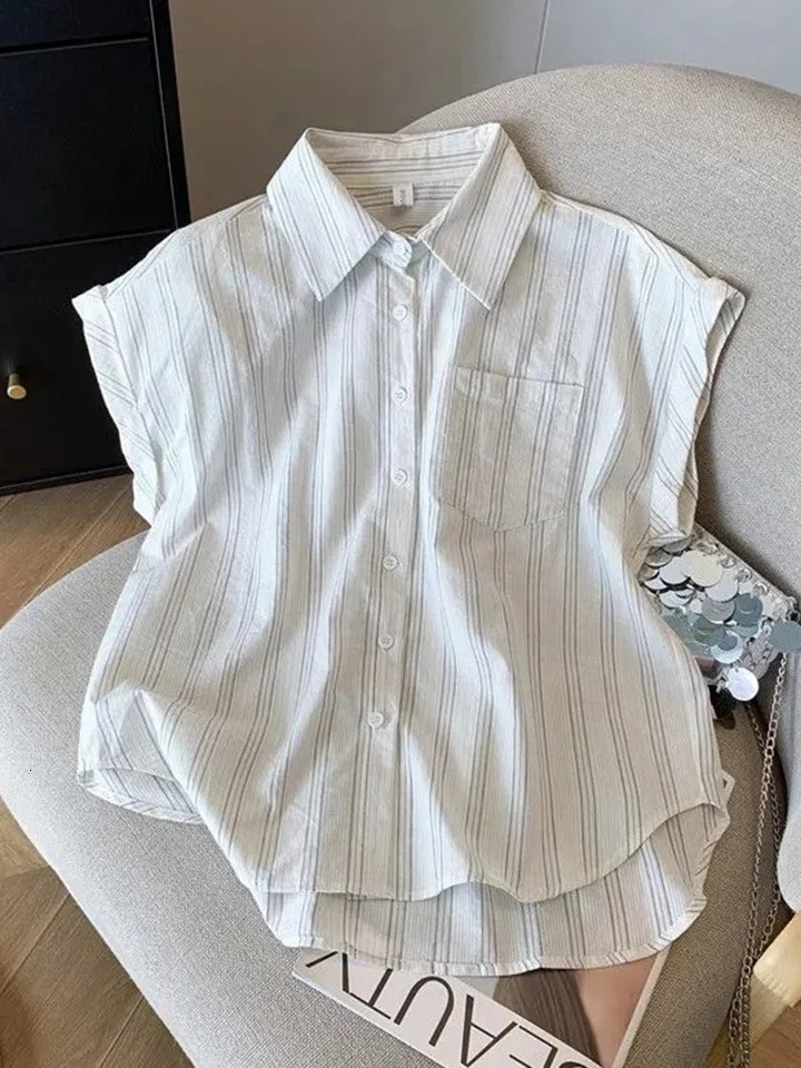 Jmprs Casual Striped White Shirt Women Vintage Loose Simple Flying Sleeve Korean Blouse Summer All Match Female Retro Tops 250704