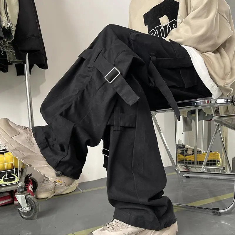 Spring Autumn Mens Clothing Solid Color Elastic High Waisted Pockets Casual Loose Fashion Trousers Cargo Preppy Style Pants 250715