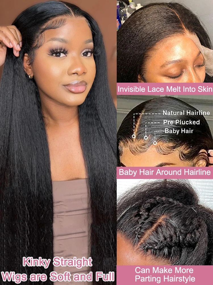 High Density Kinky Straight 360 Lace Front Wigs 40 Inch Yaki Straight 13x4 HD Transparent Lace Frontal Wig Preplucked Synthetic Wig