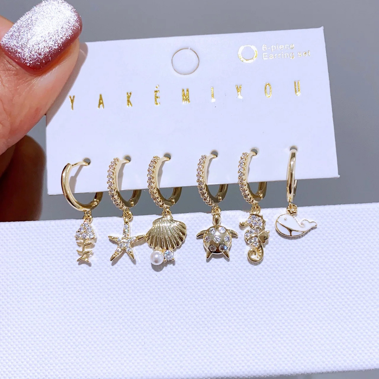 MIGGA 6pcs Cubic Zircon Sea Animals Pendant Dangle Earrings Set Gold Plated Fashion Women Girls Jewelry 250716
