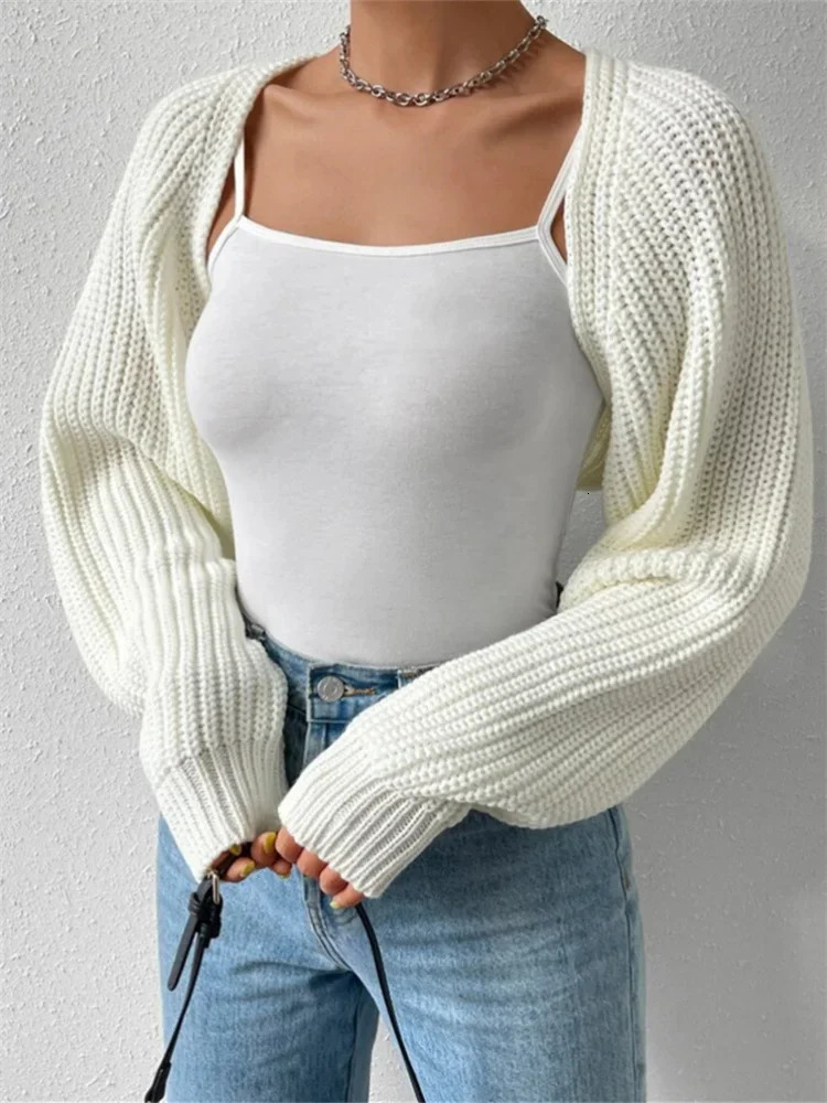 Women Sweater Shrug Solid Color Puff Long Sleeve Cardigan Knit Crop Tops Autumn Winter Vintage Outerwear Fashion Gothic Y2K y250707