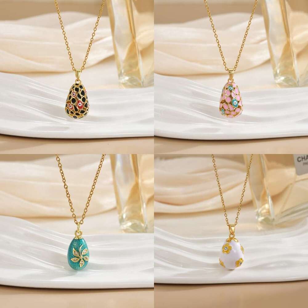 Geometric Oil Drop Egg Inlaid Zircon Necklace For Women Copper Gold-Plated Pendant Clavicle Chain Accessory 648