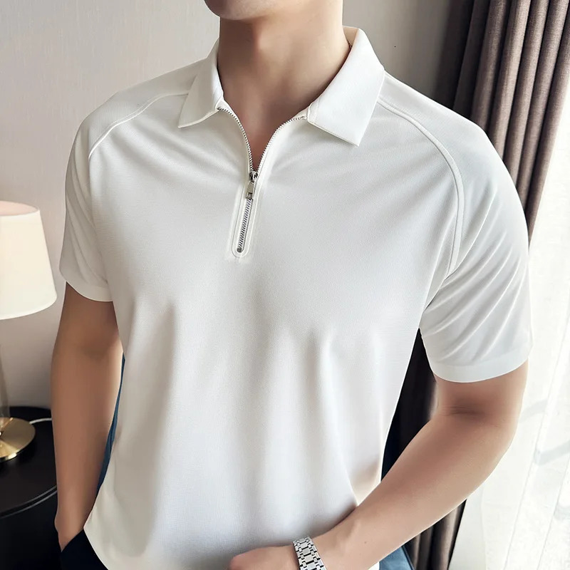 Summer Men Solid Color Polo Shirt Short Sleeve Turn-Down Collar Zipper Tshirts for Men Casual Streetwear Male Tops 250715