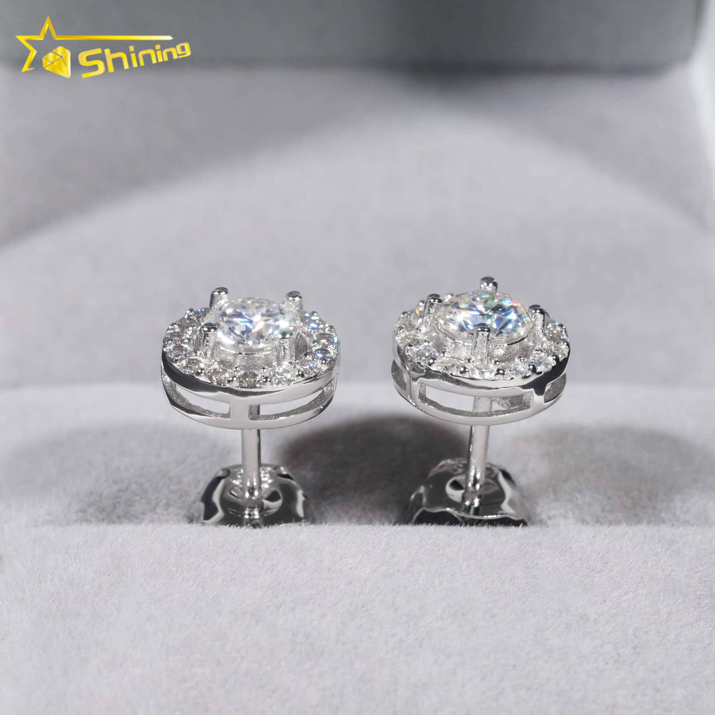 Hip Hop Jewelry Pass Diamond Tester 925 Sterling Silver Round Halo VVS Diamond Moissanite Stud Earrings