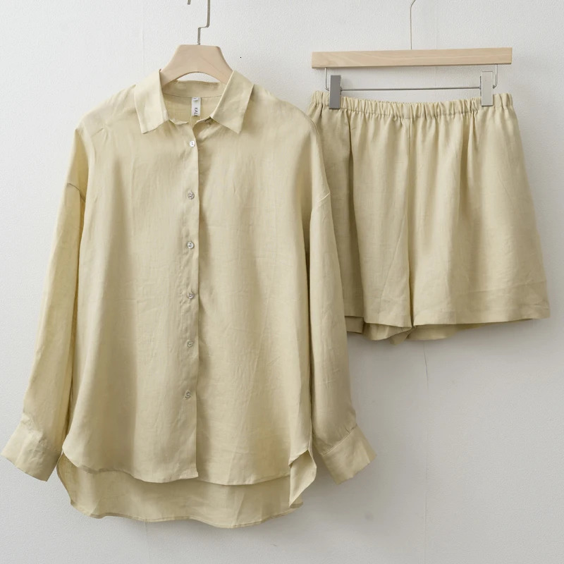 Women 2025 Summer Casual Linen Blouse Shorts Sets 250714