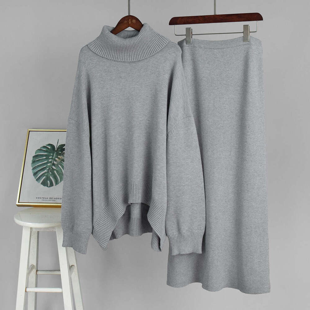 Turtleneck And Skirt Autumn Winter Loose Knitted Two-Piece Sweater Set For Women B5