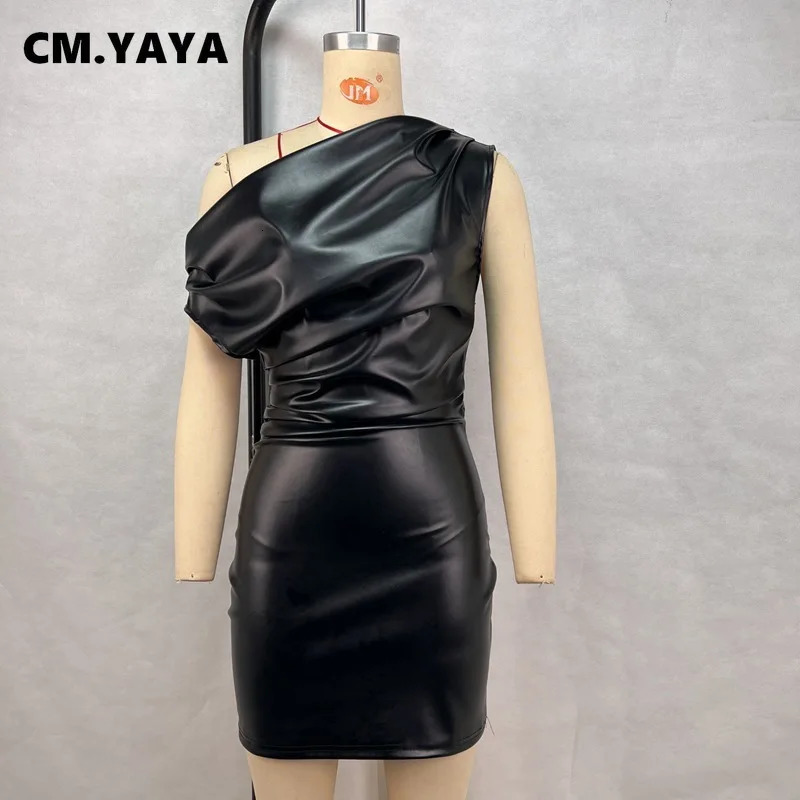 CM.YAYA Women PU Leather Skew Collar Sleeveless Ruched Mini Dress 2025 Bodycon Sexy Streetwear Evening Night Club Party Dresses 250715