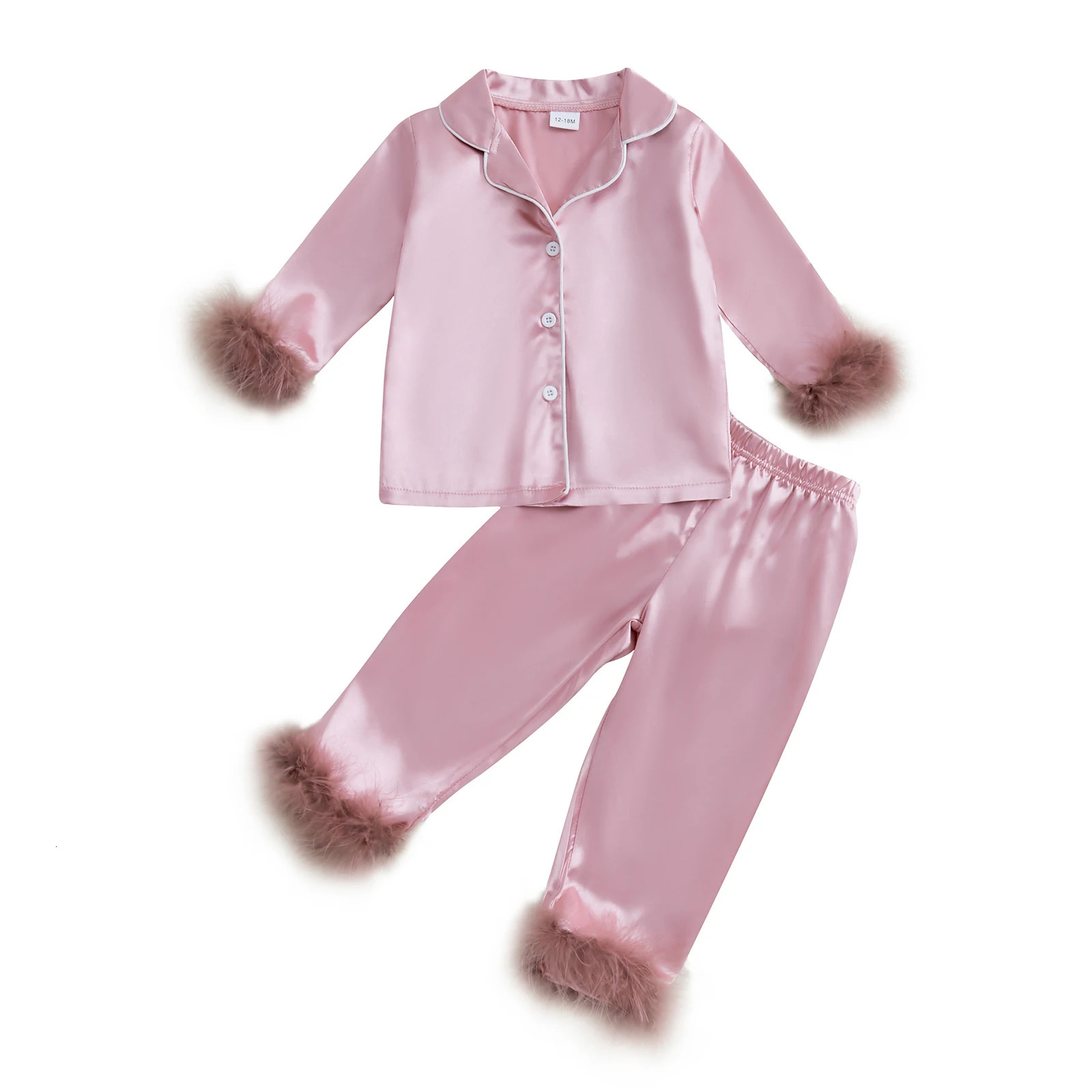 Kids Baby Girl Satin Pajamas Set Autumn Spring Fuzzy Trim Long Sleeve Button Down Tops Elastic Waist Pants 2Piece Loungewear Set 250716