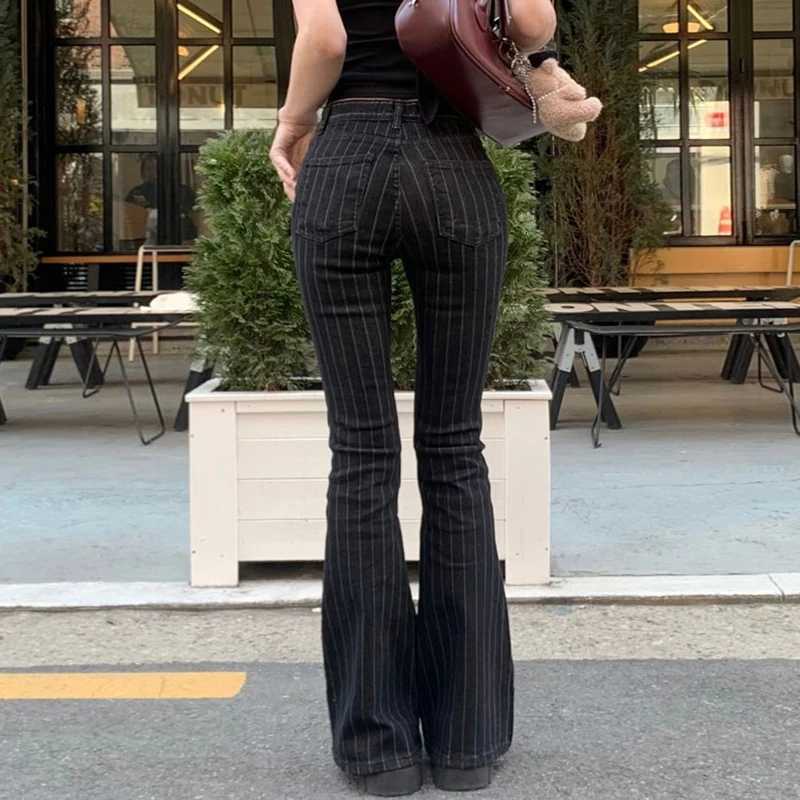 Darlingag Streetwear Striped Low Waist Slimming Jeans Women Button-Fly All Match Boot Cut Denim Trousers 2025 Trend Bottoms Chic R250716