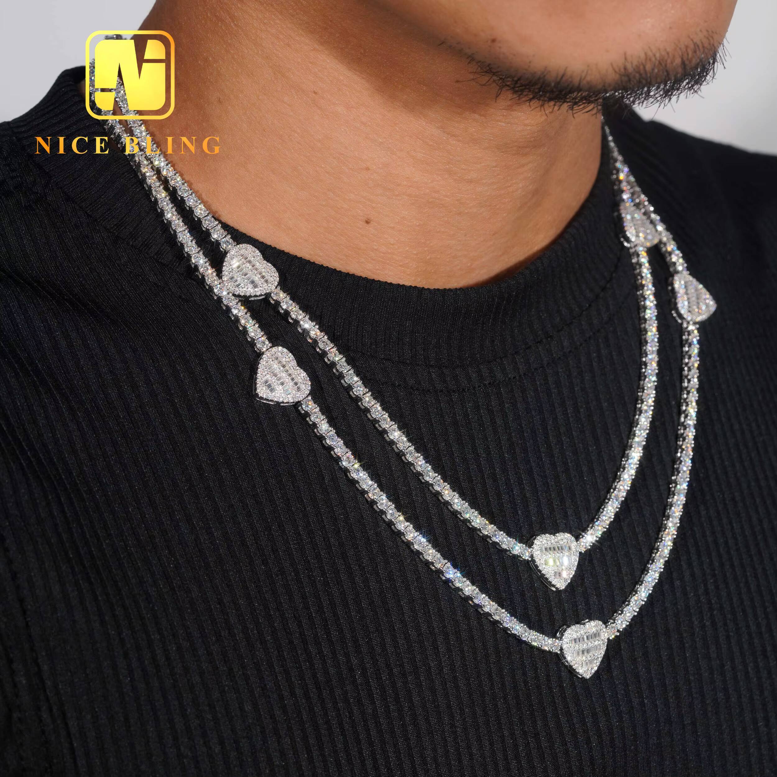 GRA Certificate Elegant Women Gift Jewelry 3mm 925 Sterling Silver Iced Out VVS1 Moissanite Diamond Heart Cluster Tennis Chain
