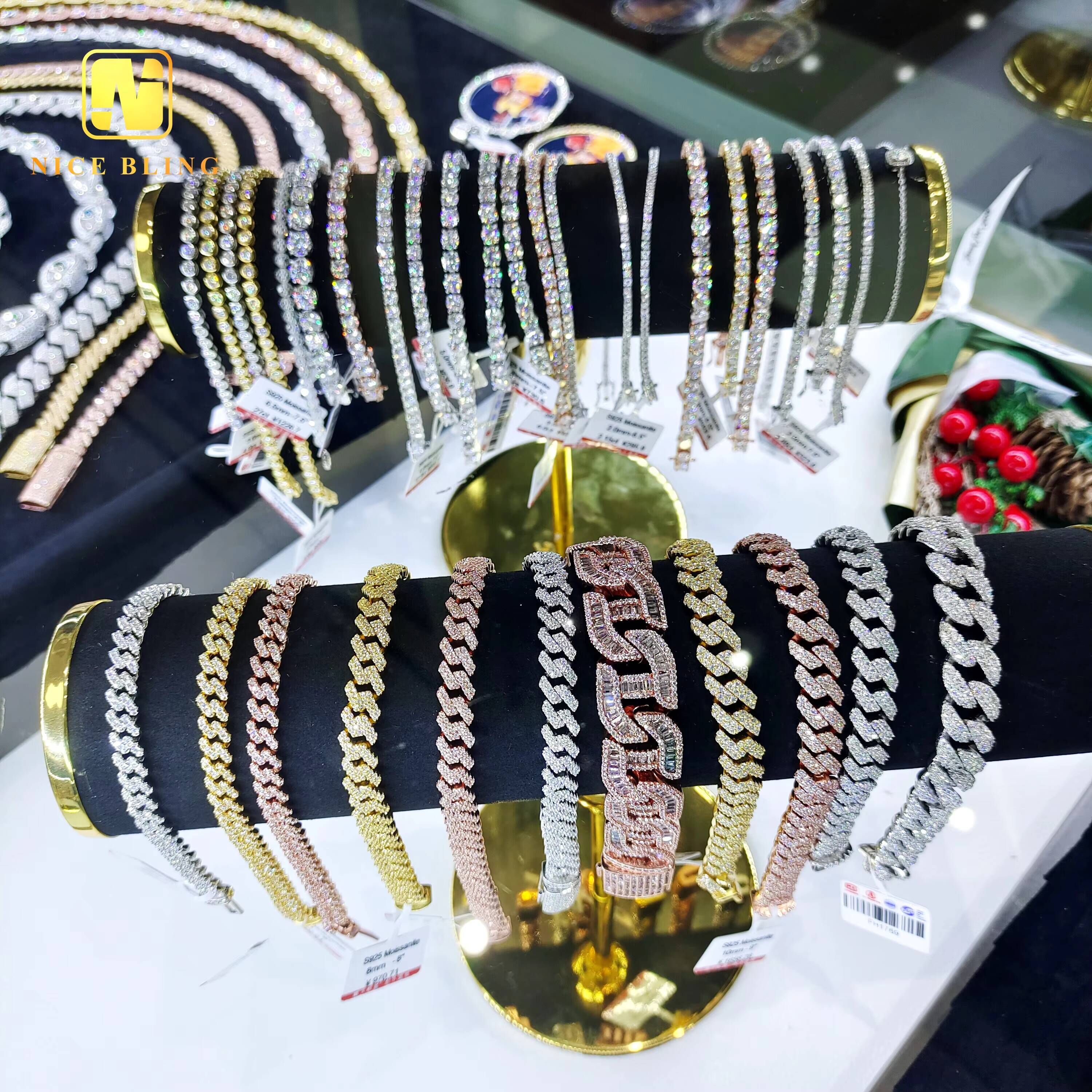Popular Hip Hop Moissanite Tennis Chains Unisex Lab Diamond Tennis Bracelets 925 Sterling Silver Bracelets 2mm 3mm 4mm 5mm 6.5mm
