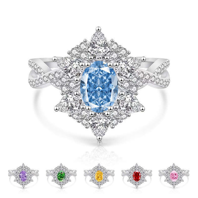 Hot Selling Colorful Ice Flower Cut Pigeon Egg for Women Luxurious Sparkling High Carbon Diamond Ring ef8