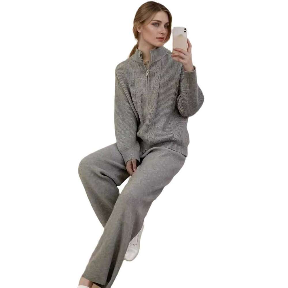 Autumn Winter New Loose Knitted Suit For Women With Zipper Cardigan Sweater + Wide-Leg Pants B5