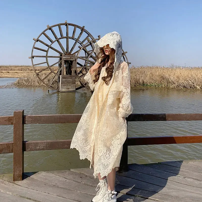 Womens Hooded Jacket Lace Sun Protection Jacket Spring Summer Plus Size Loose Retro Mid-length Hooded Jacket Thin Light Korean 250714