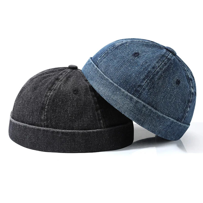 Hip Hop Blue Denim Washed Cotton Landlord Hat Docker Cap Rolled Edge Brimless Sailor Hat Solid Adjustable Beanie Hats Streetwear 250715