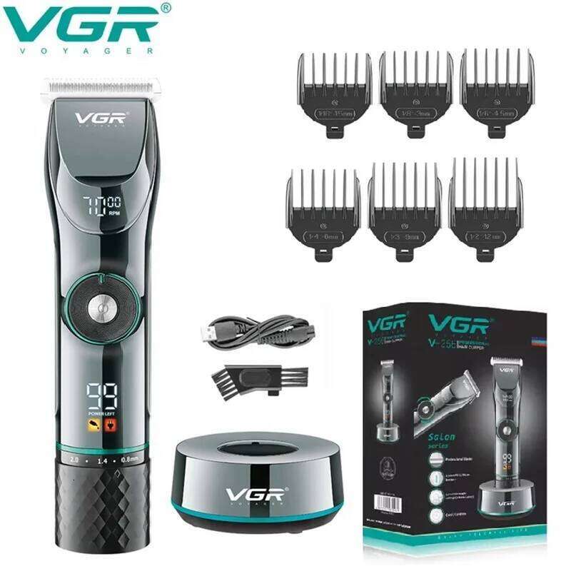 VGR 15 Motor Speed Adjustable Trimmer Beard Hair Clipper Electric Barber LED Display Trimer For Men With Base V-256