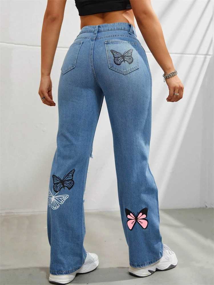 Womens Butterfly Print Holes High Waisted Blue Jeans Summer Trousers Cool Girl Casual Bottoms Female Wide Legs Denim Pants R250716