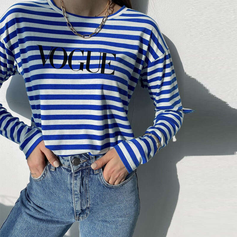 Spring Summer New Printed Striped Cotton Long Sleeve T-Shirt Women's Style Soft Loose Top Vogue B5