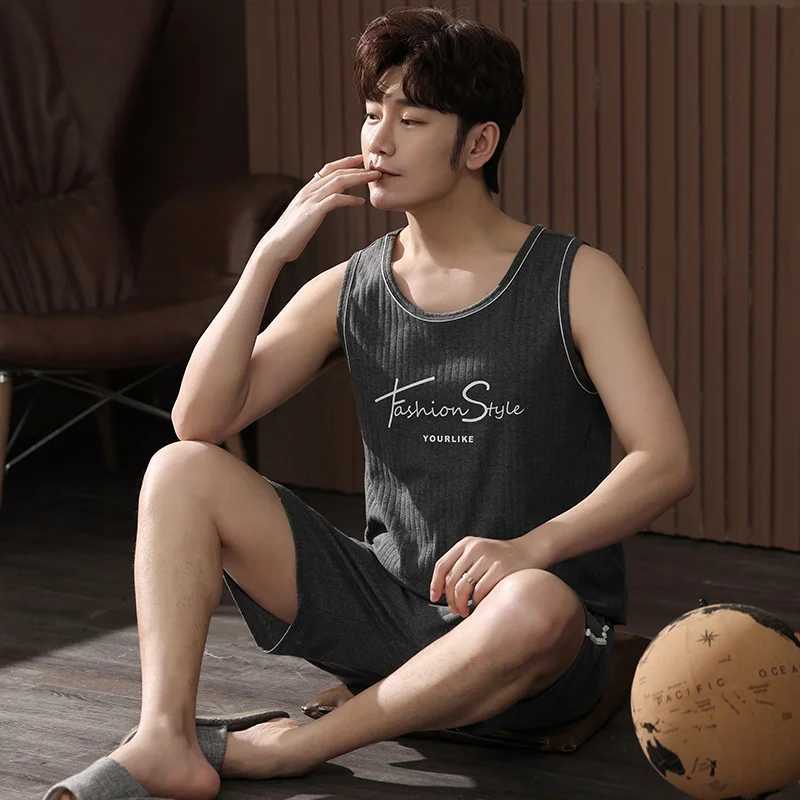 2025 New Style Mens Pajamas Set Summer Thin Cotton Male Pajamas Sets Vest Sleepwear Sleeveless Tops + Shorts 2pcs/set L-XXXXL W250717