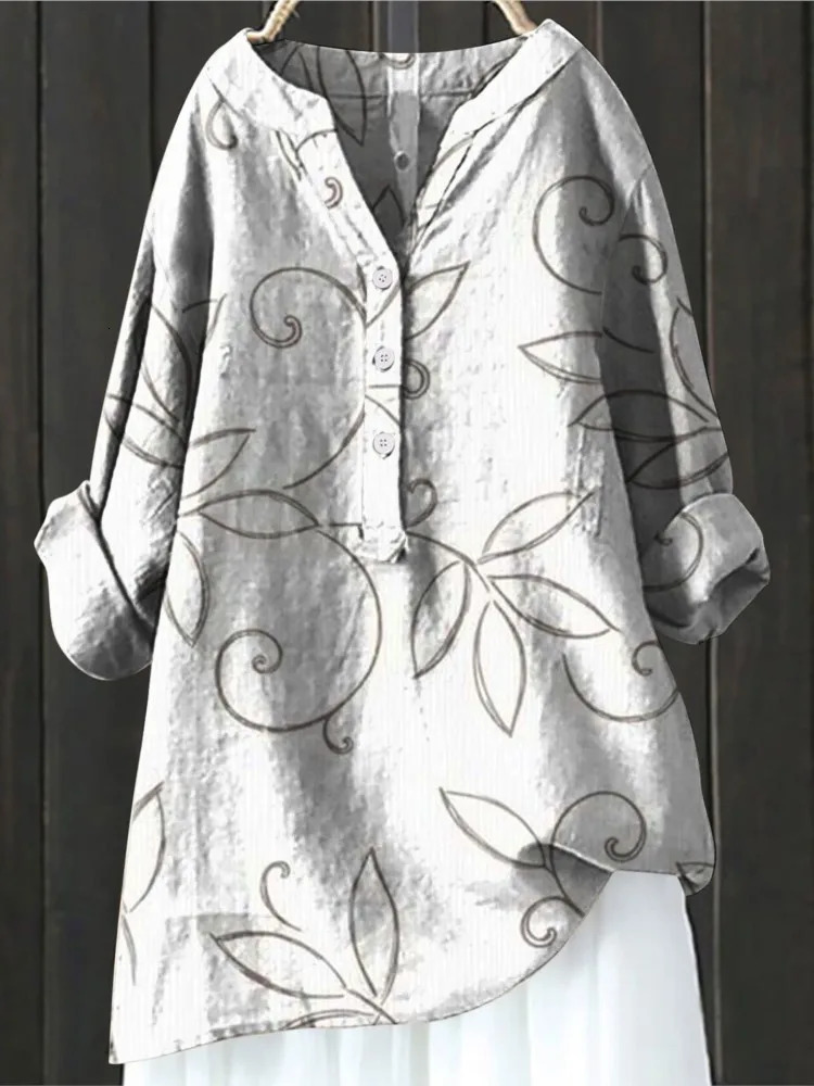 Womens Autumn Winter Fashion Printed Button Up Shirt Long Sleeved Bamboo Linen Casual Comfortable Top 250715