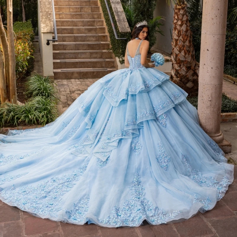 Sky Blue Shiny Off The Shoulder Ball Gown Quinceanera Dresses Appliques Flower Beading Crystal Bow Tull Sweet 16 Dress vestidos 15 De Anos