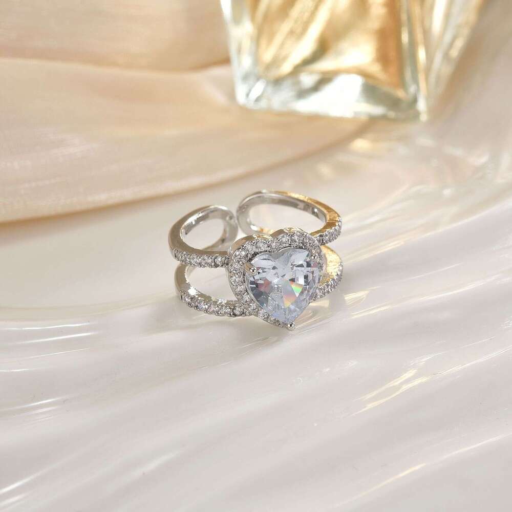 Daily Flash Diamond Crystal Zircon Micro Paved Sweet Versatile Heart Flower Open Ring Hand Jewelry E4a